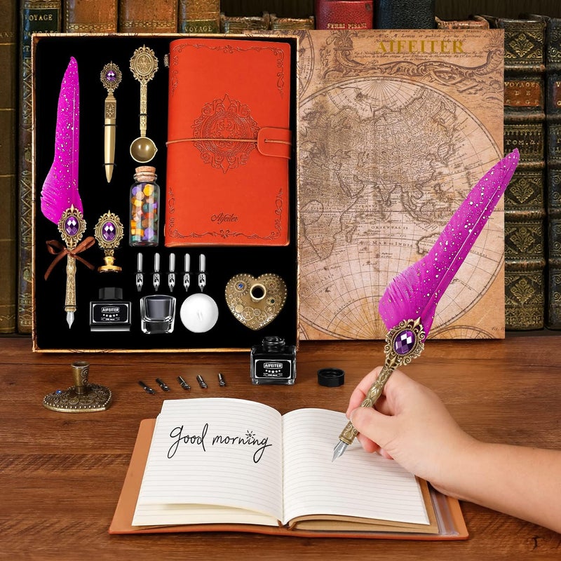 Aifeiter Feather Pen and Ink Set, Quill Pen Set, Wax Seal Stamp Set, Feather Calligraphy Pen Set, Beautiful Gift Calligraphy Set, Christmas Gifts - Purple - Image 4